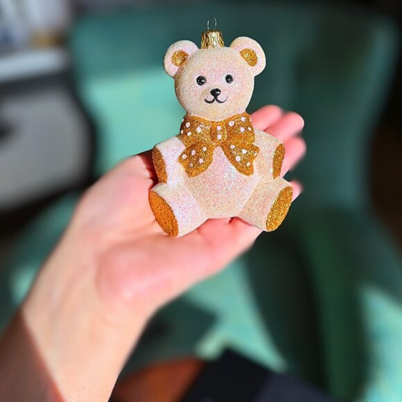 Sparkling White Gold Glass Teddy Bear Christmas Ornament Glittery Heirloom Decor - Picture 5 of 7
